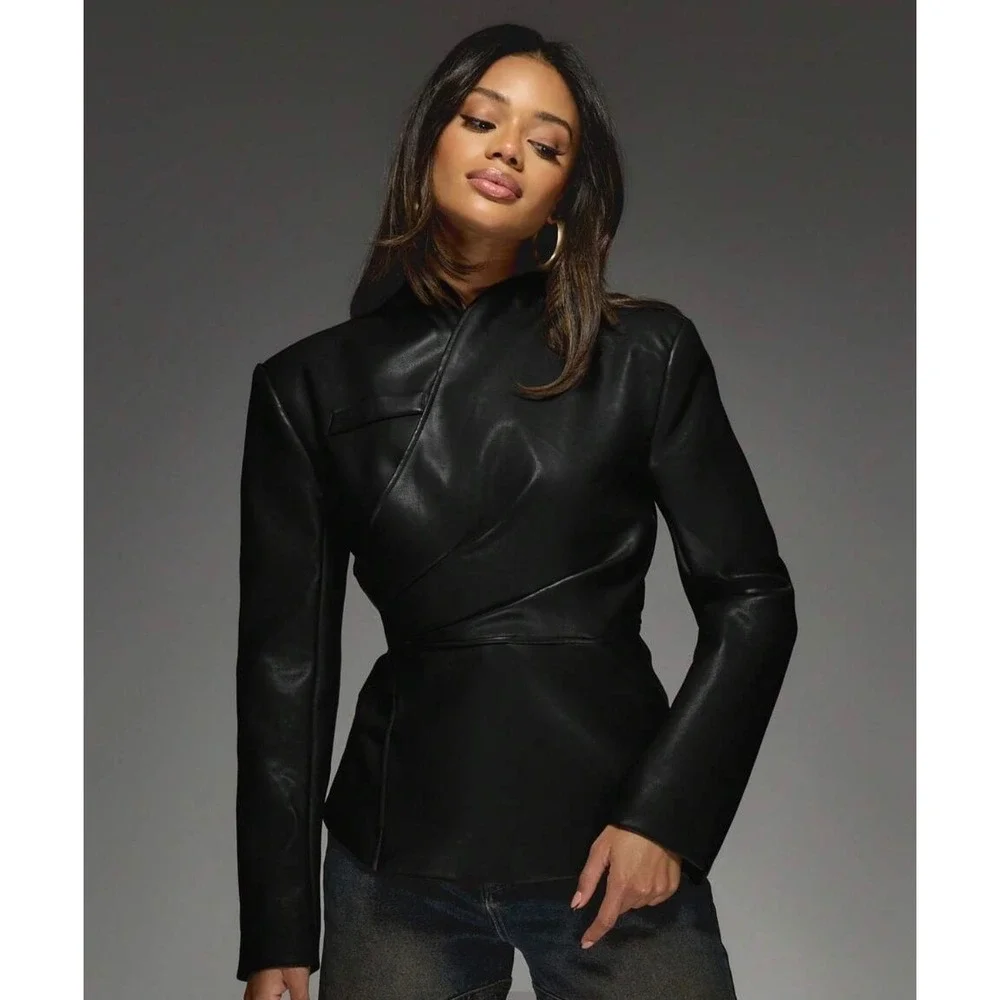 Missguided Womens Faux Leather Wrap Jacket Black Peplum Stand Collar medium